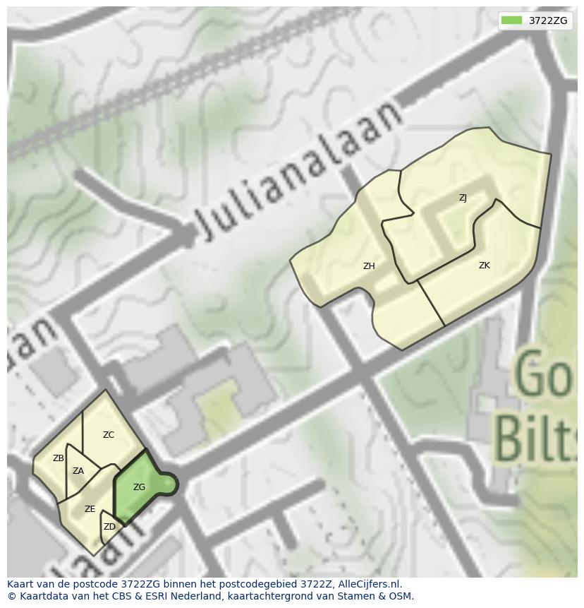 Afbeelding van het postcodegebied 3722 ZG op de kaart.