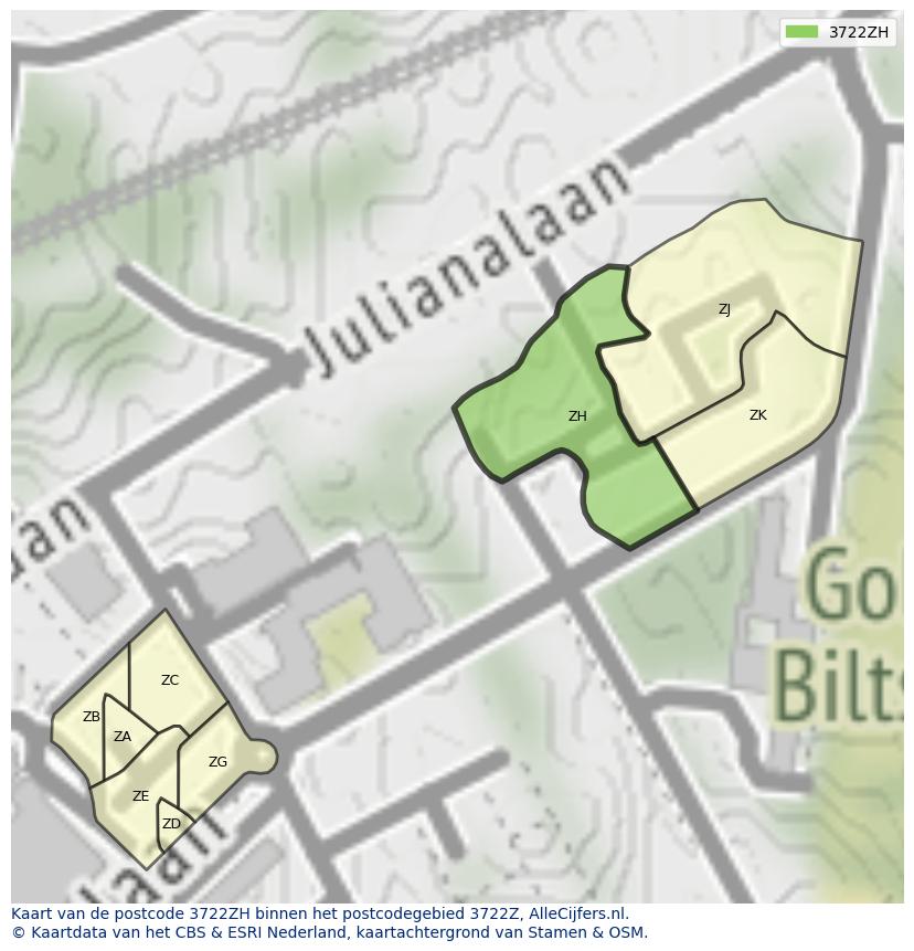 Afbeelding van het postcodegebied 3722 ZH op de kaart.
