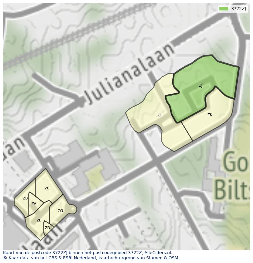 Afbeelding van het postcodegebied 3722 ZJ op de kaart.