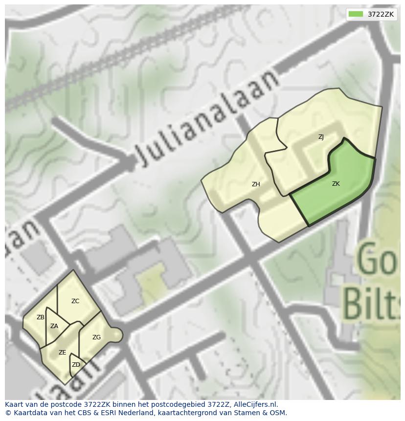 Afbeelding van het postcodegebied 3722 ZK op de kaart.
