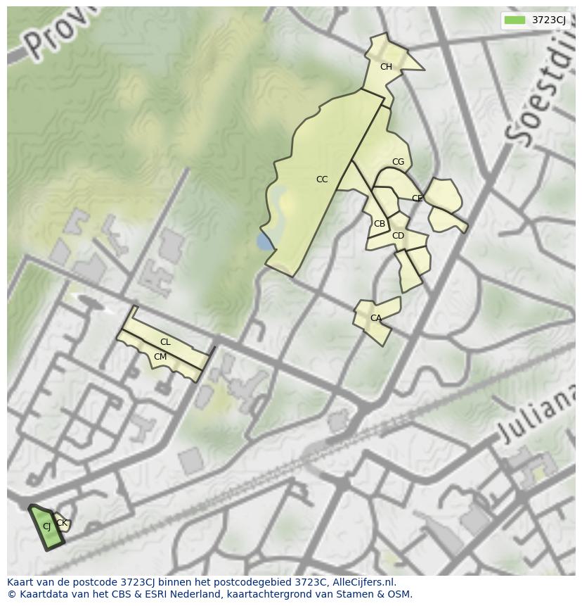 Afbeelding van het postcodegebied 3723 CJ op de kaart.
