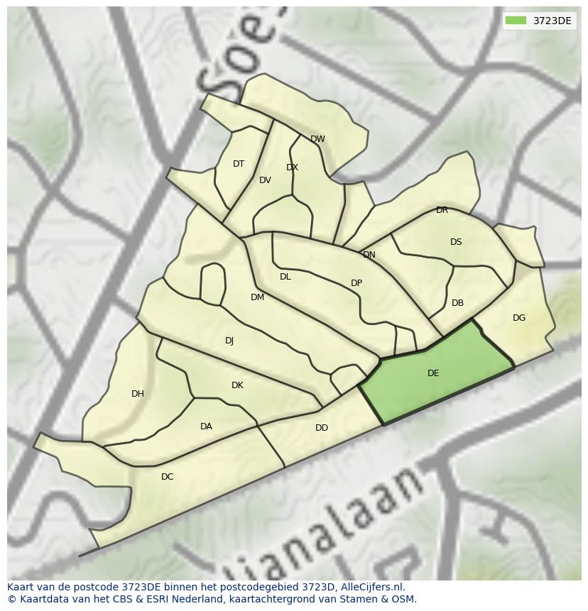 Afbeelding van het postcodegebied 3723 DE op de kaart.