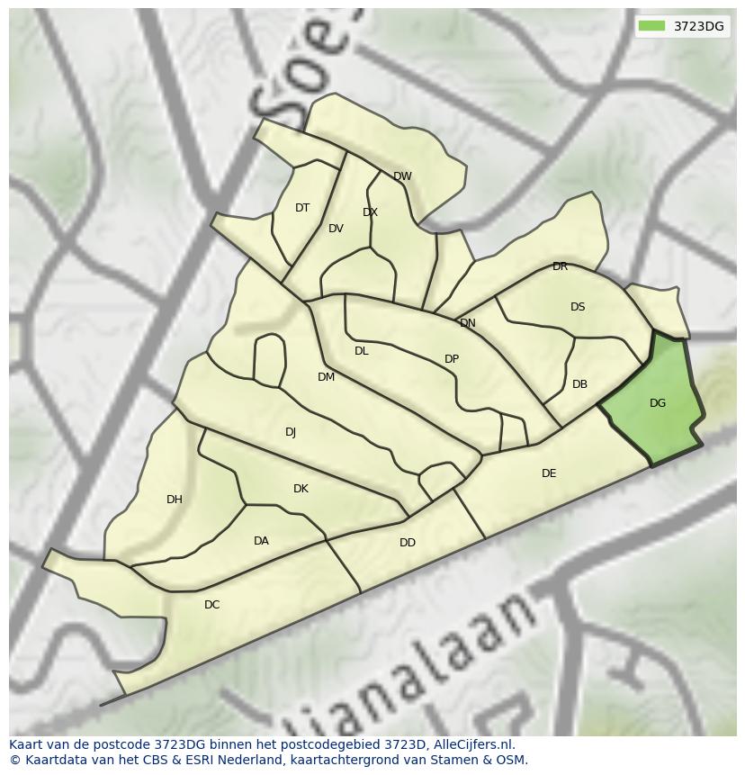 Afbeelding van het postcodegebied 3723 DG op de kaart.