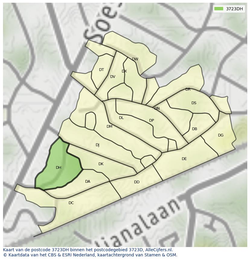 Afbeelding van het postcodegebied 3723 DH op de kaart.