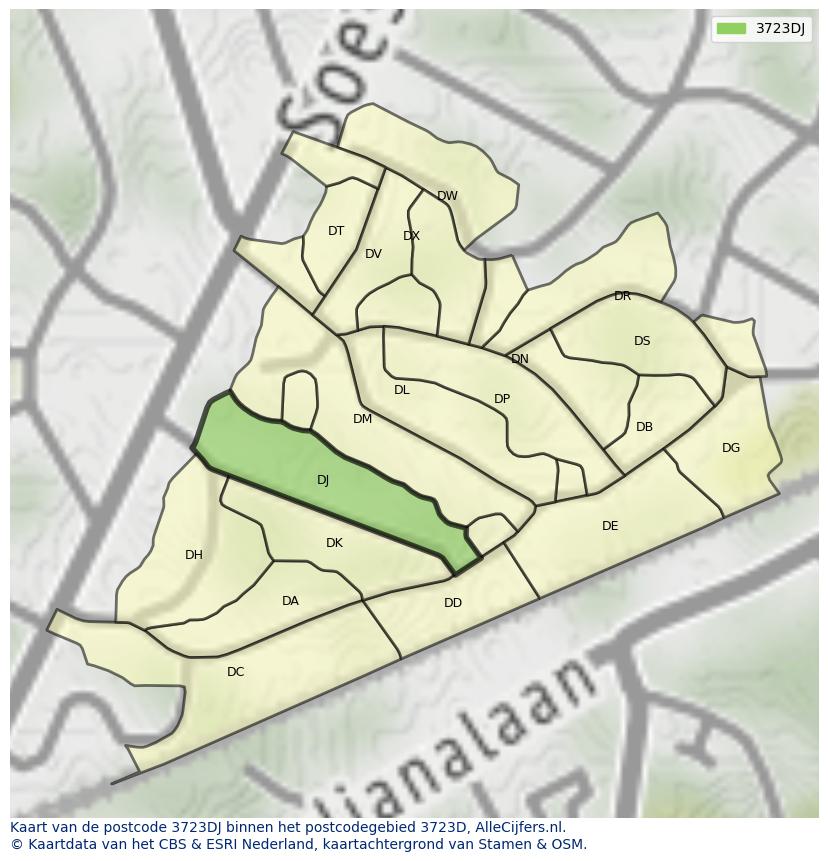 Afbeelding van het postcodegebied 3723 DJ op de kaart.
