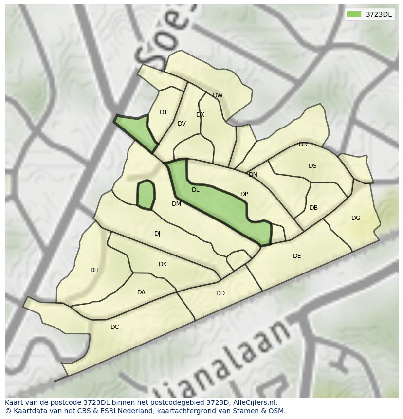 Afbeelding van het postcodegebied 3723 DL op de kaart.