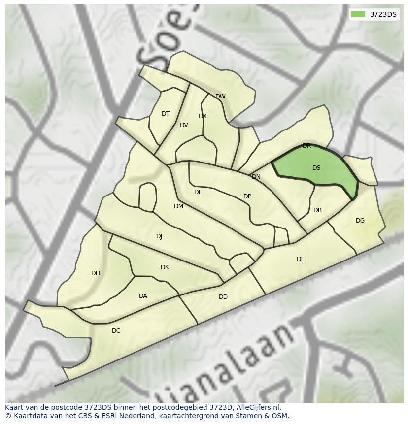 Afbeelding van het postcodegebied 3723 DS op de kaart.