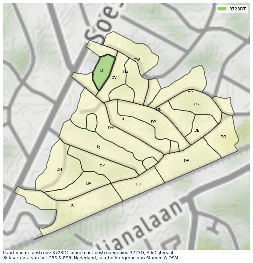 Afbeelding van het postcodegebied 3723 DT op de kaart.