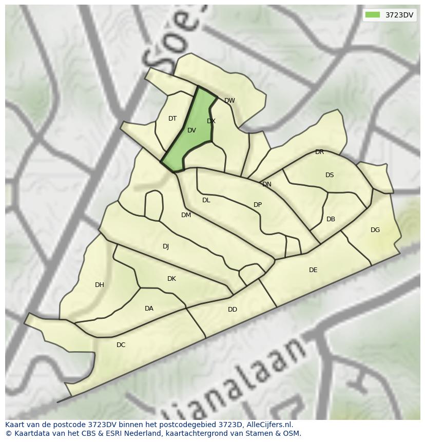 Afbeelding van het postcodegebied 3723 DV op de kaart.