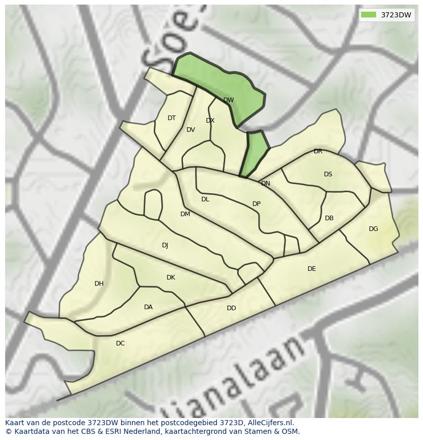 Afbeelding van het postcodegebied 3723 DW op de kaart.