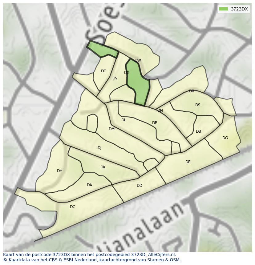 Afbeelding van het postcodegebied 3723 DX op de kaart.