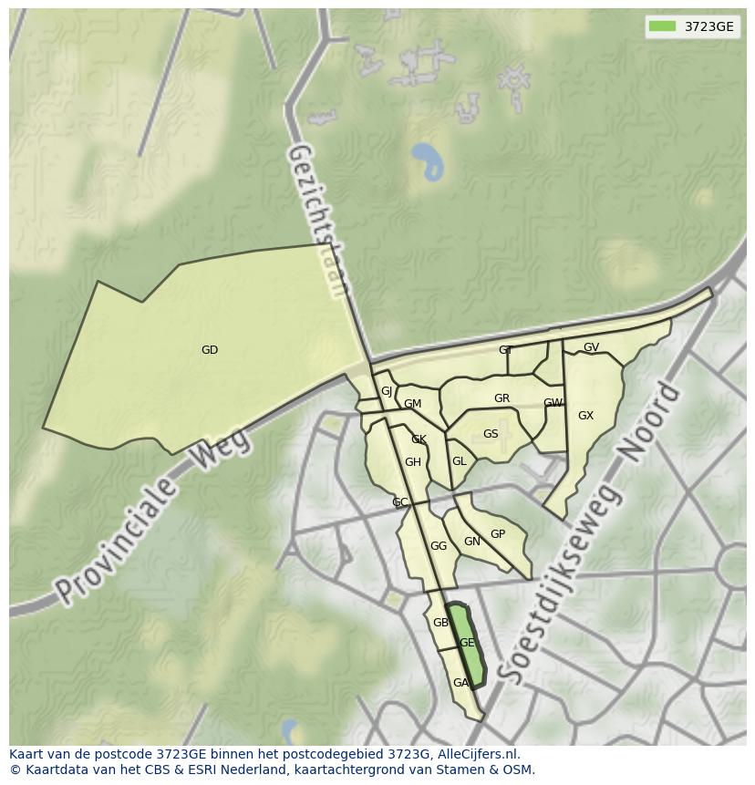 Afbeelding van het postcodegebied 3723 GE op de kaart.