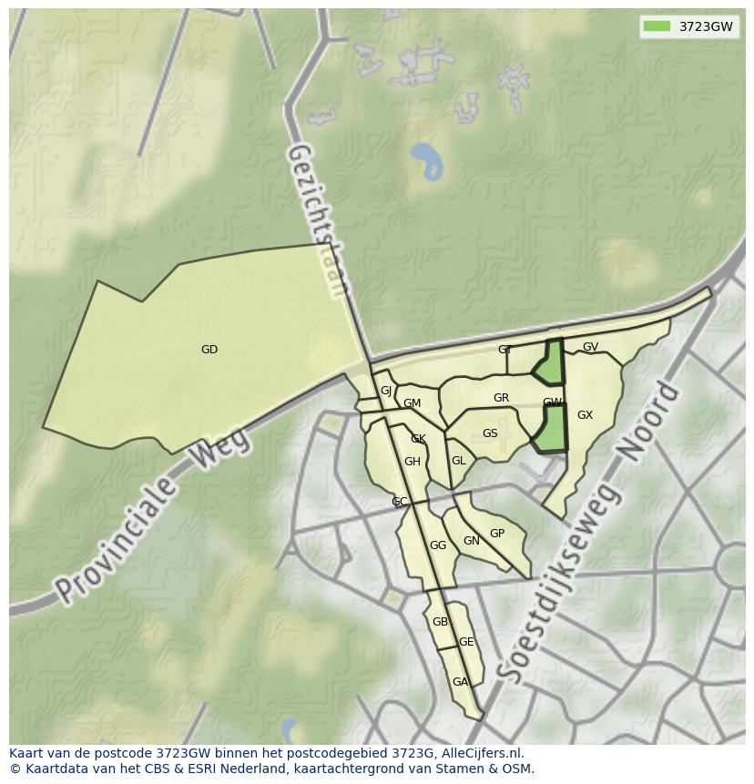 Afbeelding van het postcodegebied 3723 GW op de kaart.