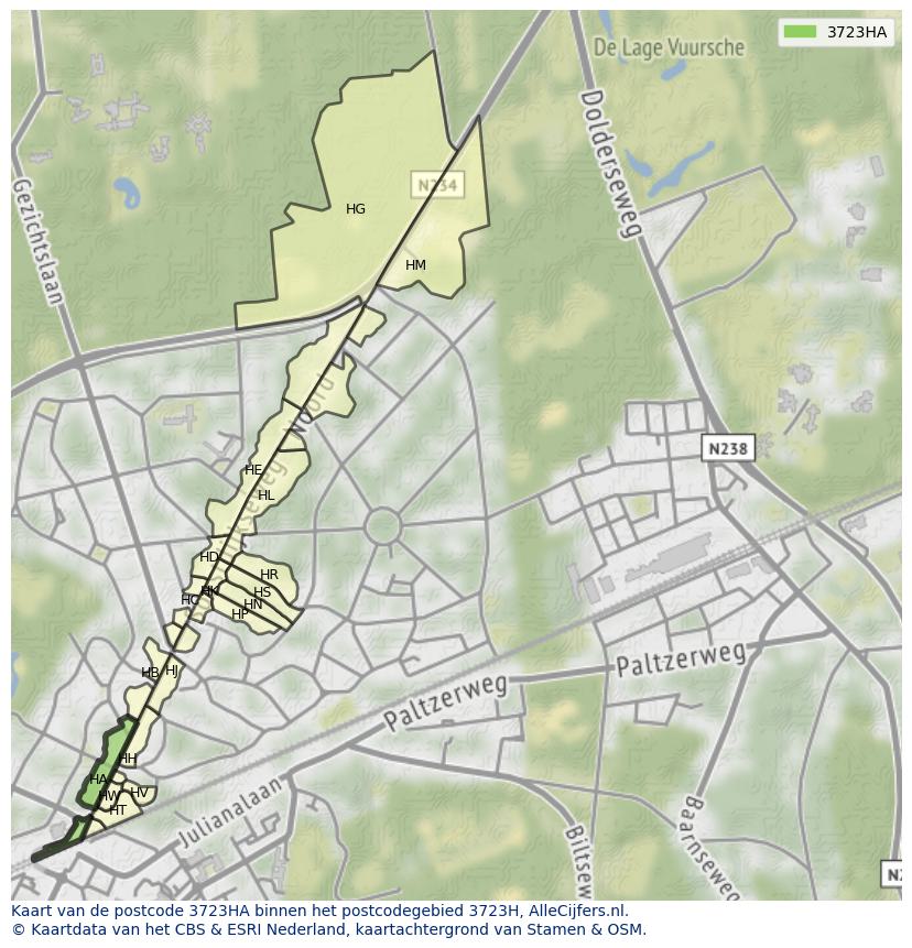 Afbeelding van het postcodegebied 3723 HA op de kaart.