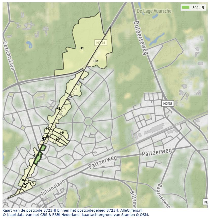 Afbeelding van het postcodegebied 3723 HJ op de kaart.