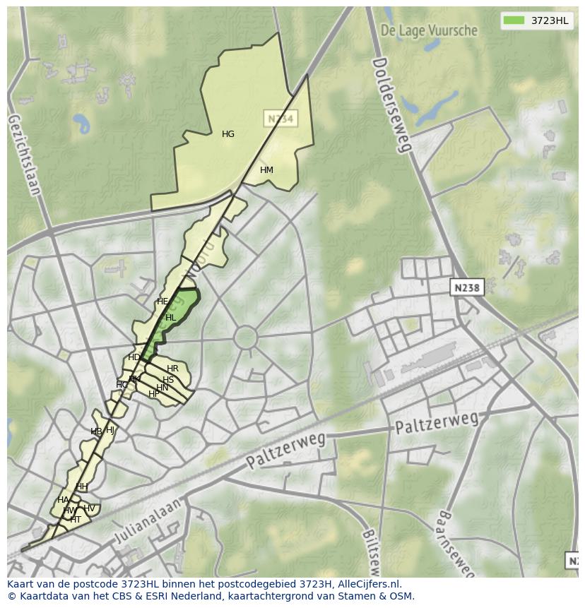 Afbeelding van het postcodegebied 3723 HL op de kaart.