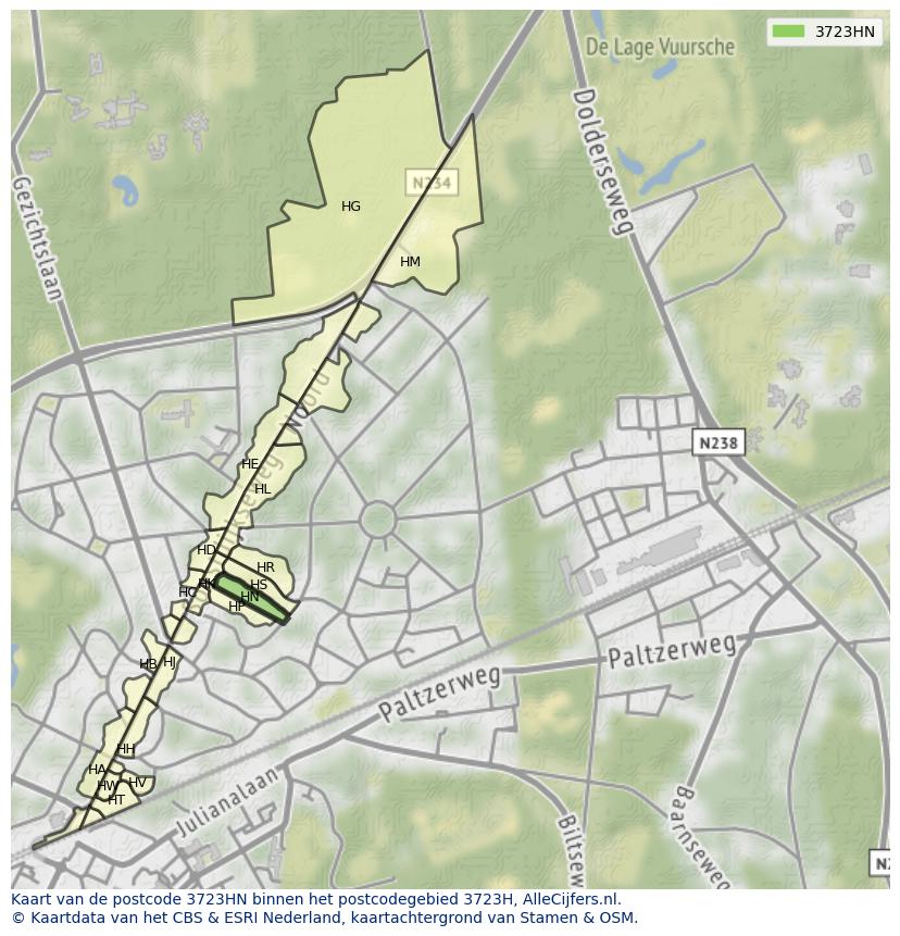 Afbeelding van het postcodegebied 3723 HN op de kaart.