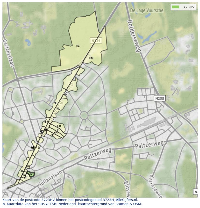 Afbeelding van het postcodegebied 3723 HV op de kaart.