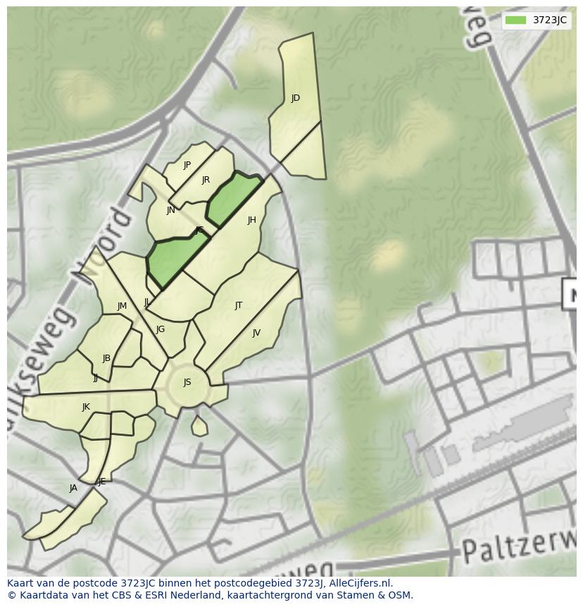 Afbeelding van het postcodegebied 3723 JC op de kaart.