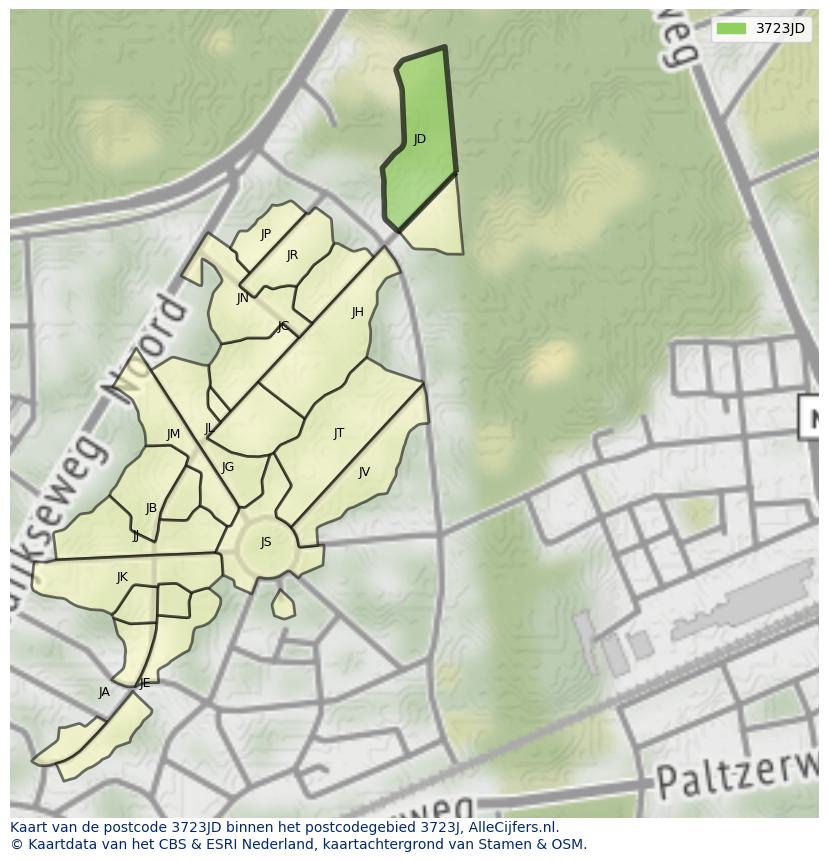 Afbeelding van het postcodegebied 3723 JD op de kaart.