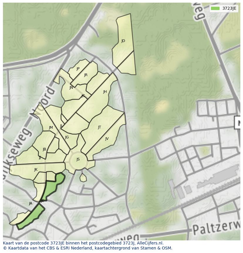 Afbeelding van het postcodegebied 3723 JE op de kaart.