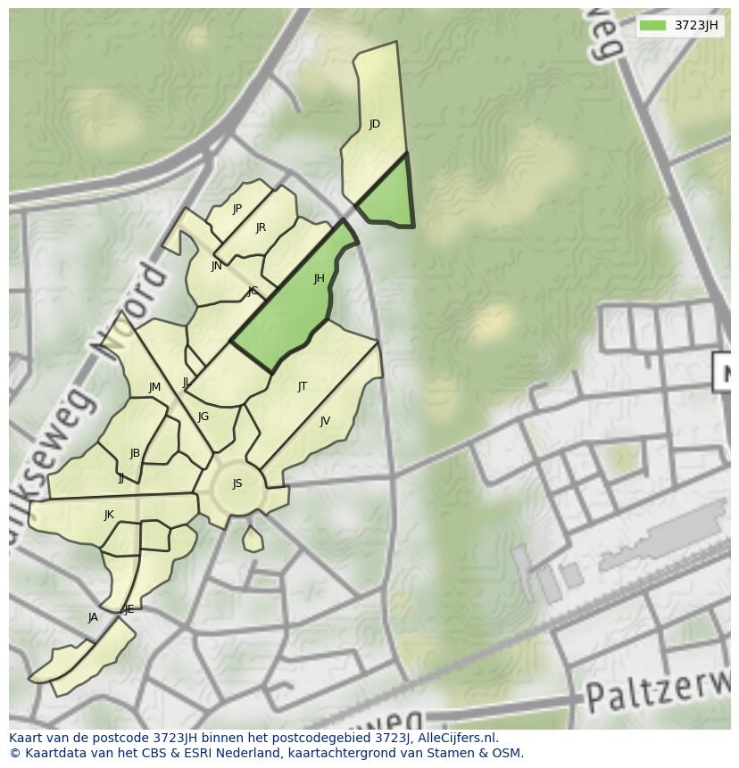 Afbeelding van het postcodegebied 3723 JH op de kaart.