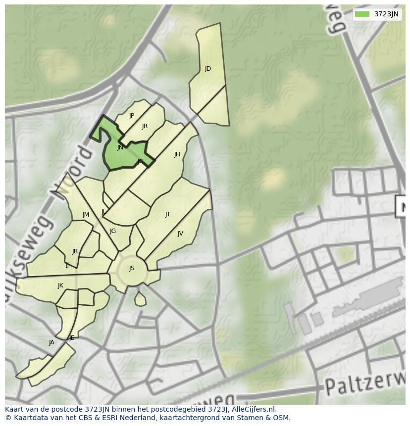 Afbeelding van het postcodegebied 3723 JN op de kaart.