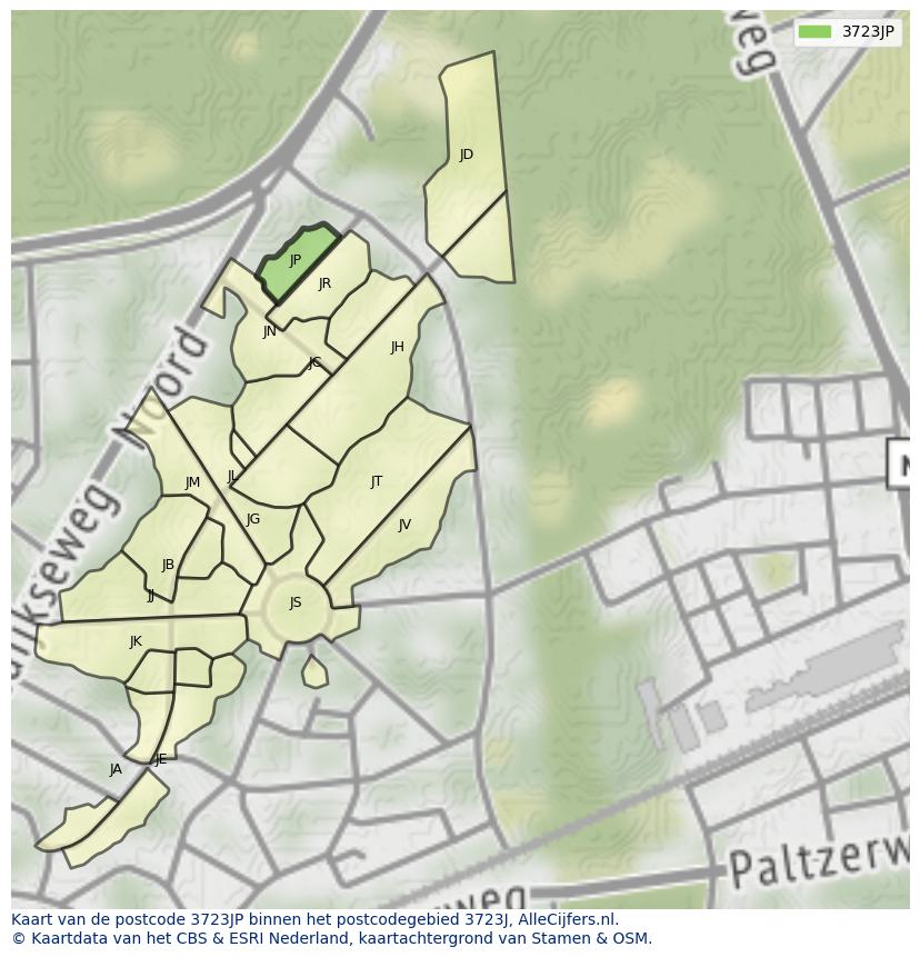 Afbeelding van het postcodegebied 3723 JP op de kaart.
