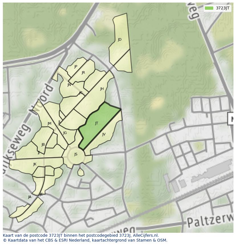 Afbeelding van het postcodegebied 3723 JT op de kaart.