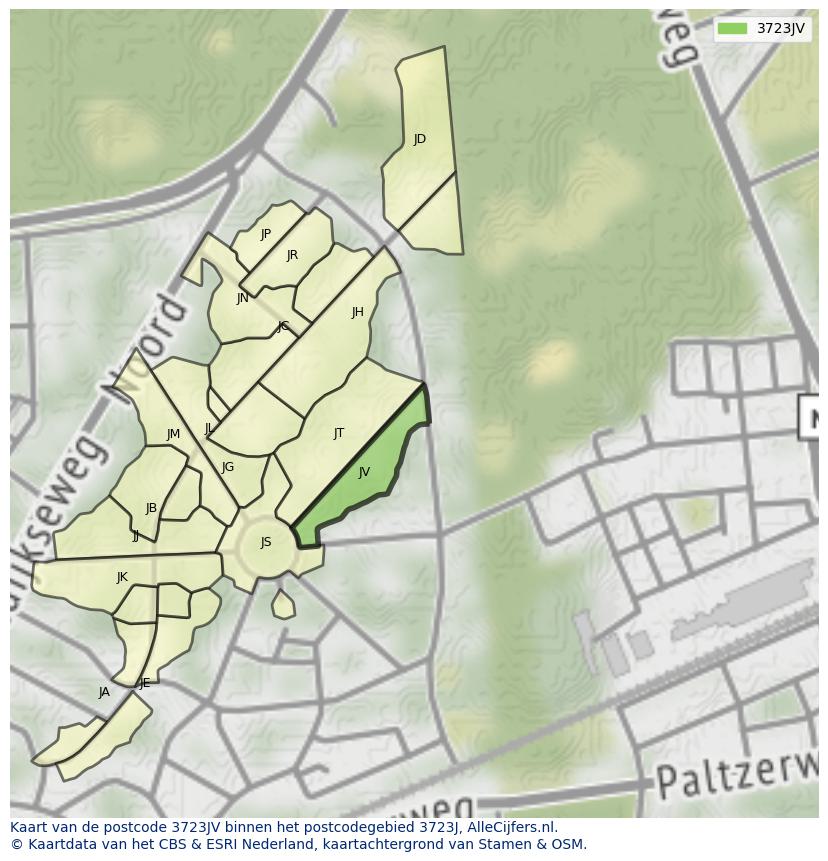Afbeelding van het postcodegebied 3723 JV op de kaart.