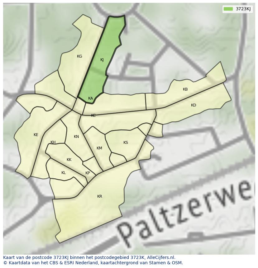 Afbeelding van het postcodegebied 3723 KJ op de kaart.