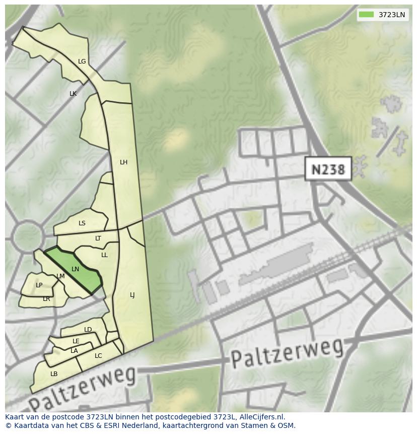 Afbeelding van het postcodegebied 3723 LN op de kaart.