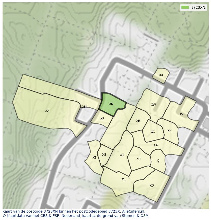 Afbeelding van het postcodegebied 3723 XN op de kaart.