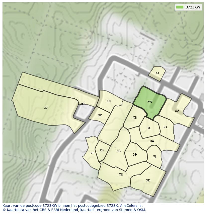Afbeelding van het postcodegebied 3723 XW op de kaart.