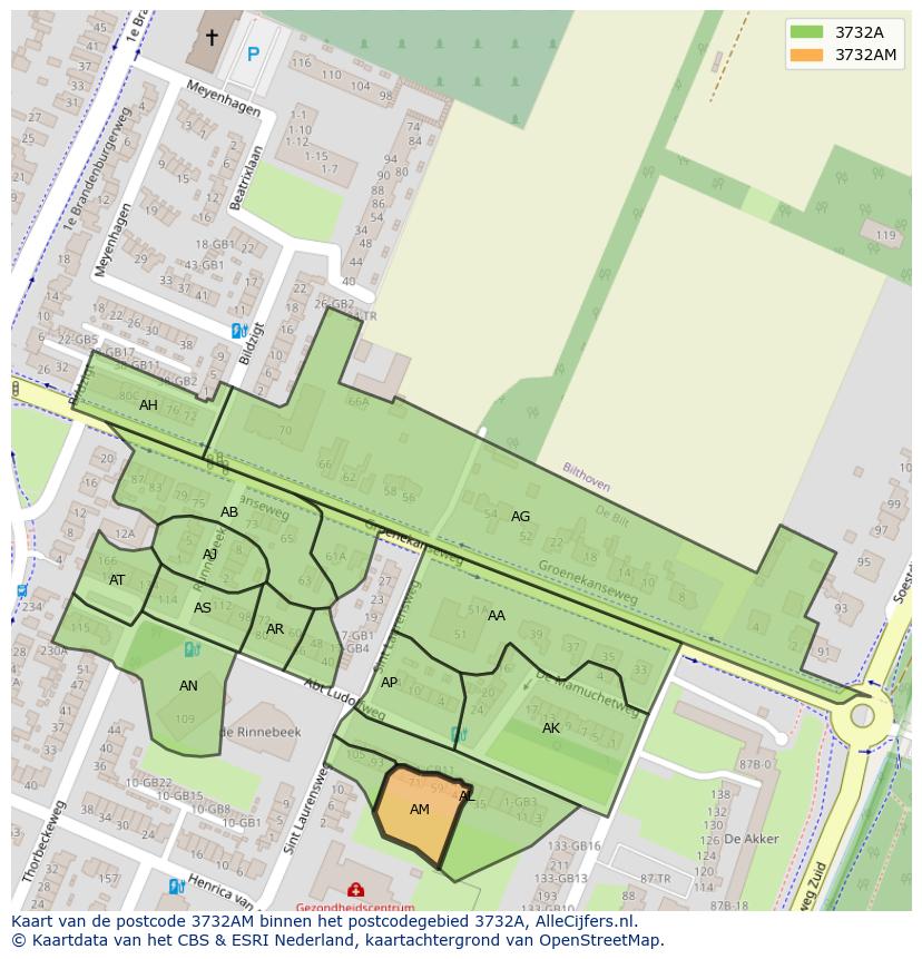 Afbeelding van het postcodegebied 3732 AM op de kaart.