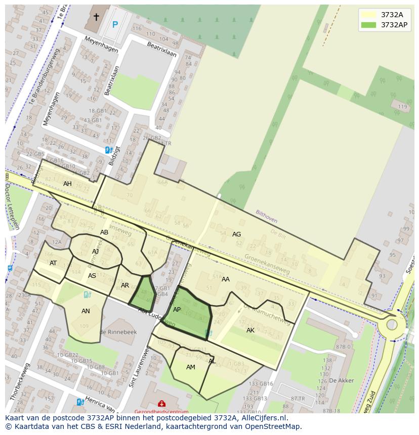 Afbeelding van het postcodegebied 3732 AP op de kaart.