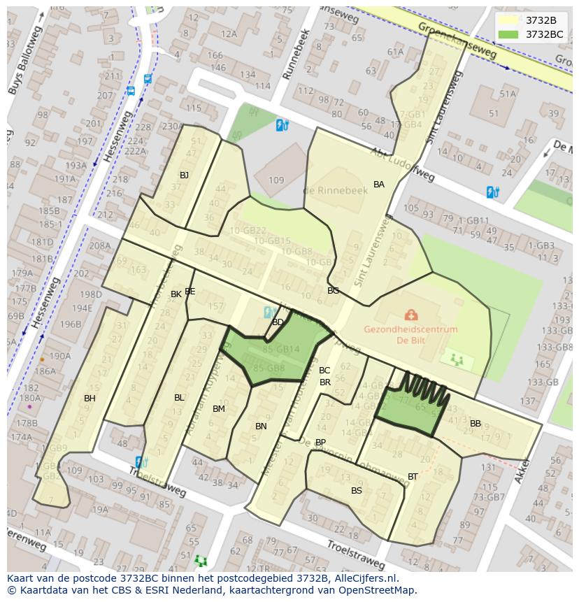 Afbeelding van het postcodegebied 3732 BC op de kaart.