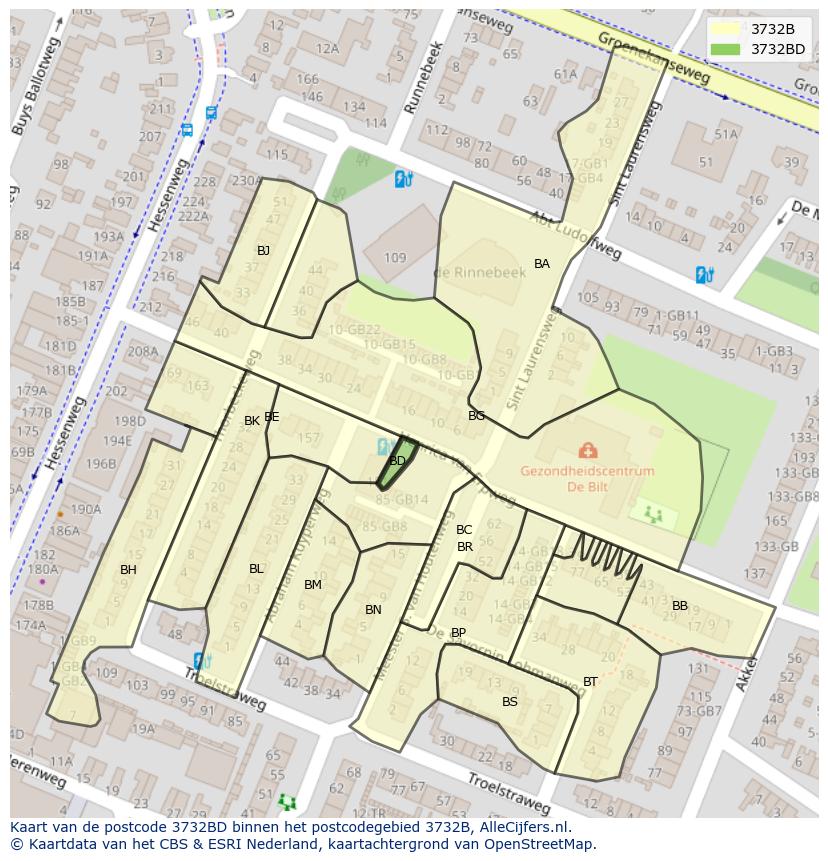 Afbeelding van het postcodegebied 3732 BD op de kaart.