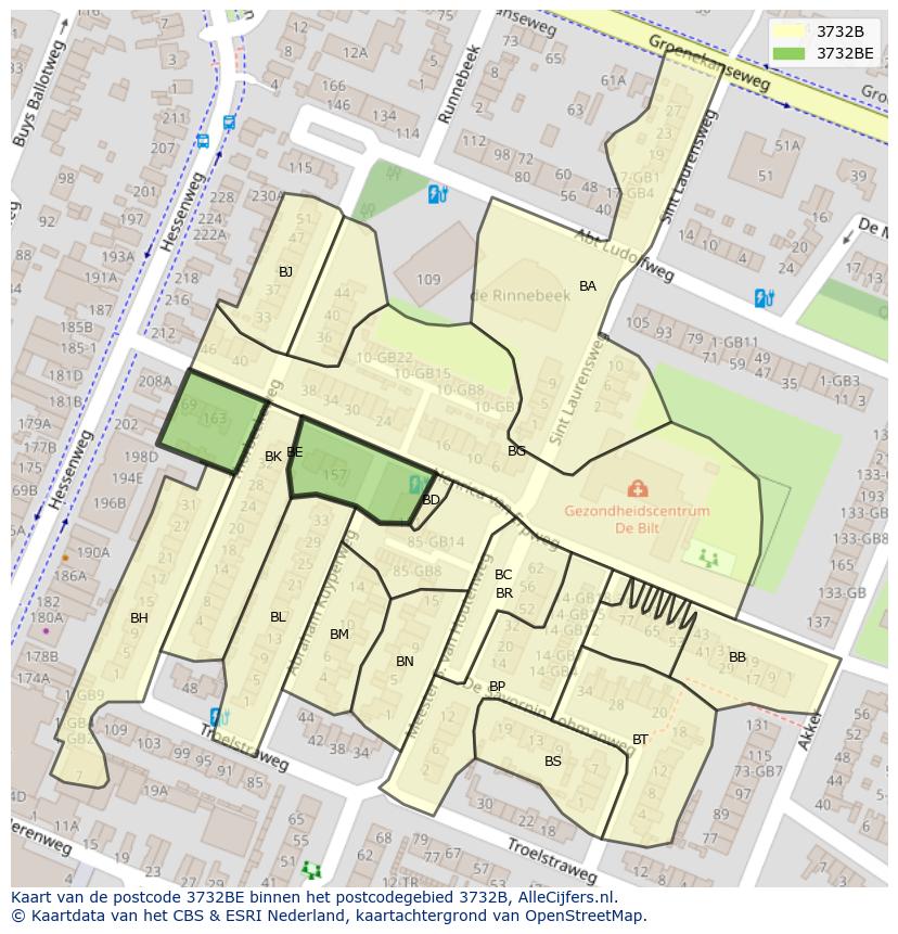 Afbeelding van het postcodegebied 3732 BE op de kaart.