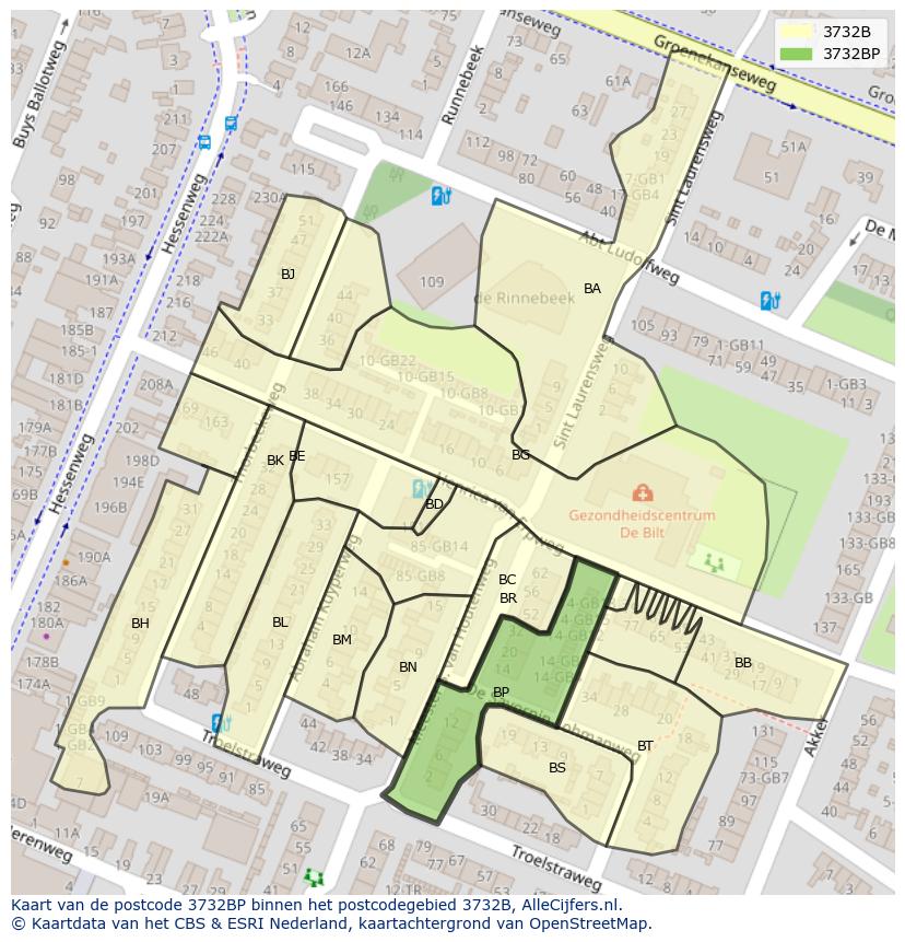 Afbeelding van het postcodegebied 3732 BP op de kaart.