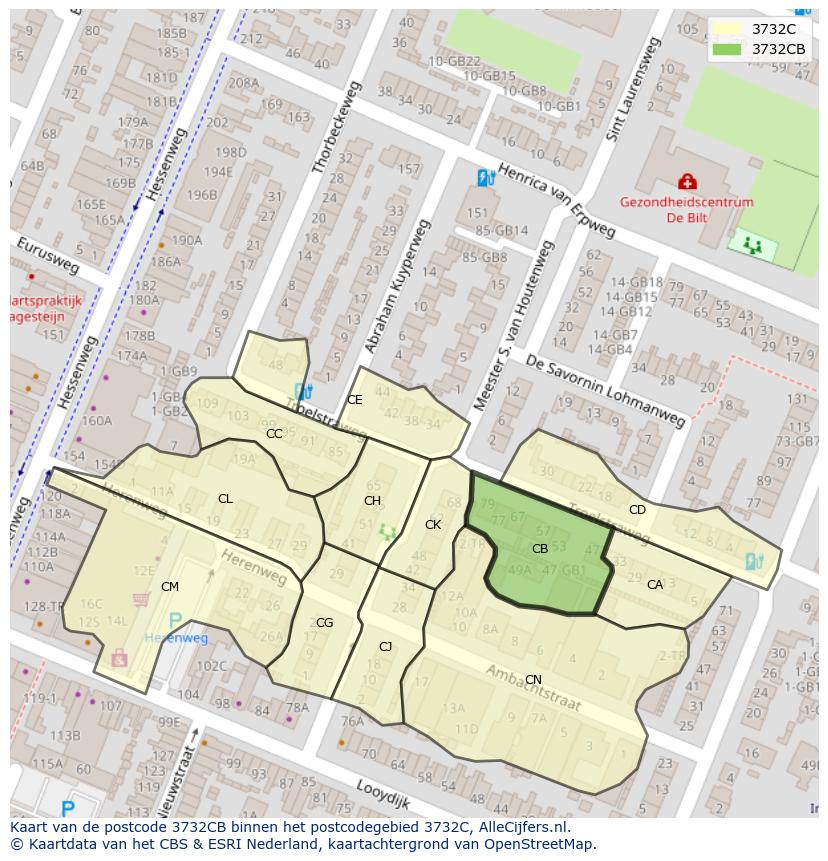 Afbeelding van het postcodegebied 3732 CB op de kaart.