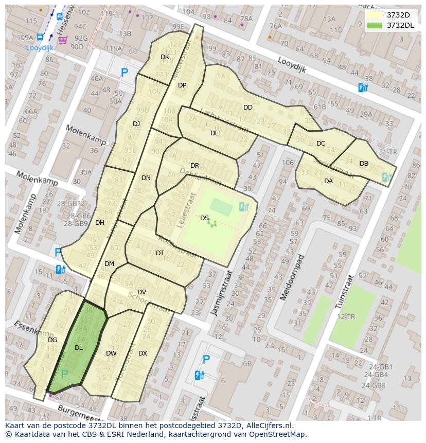 Afbeelding van het postcodegebied 3732 DL op de kaart.