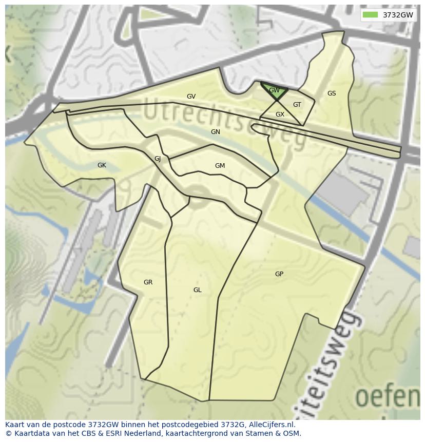 Afbeelding van het postcodegebied 3732 GW op de kaart.