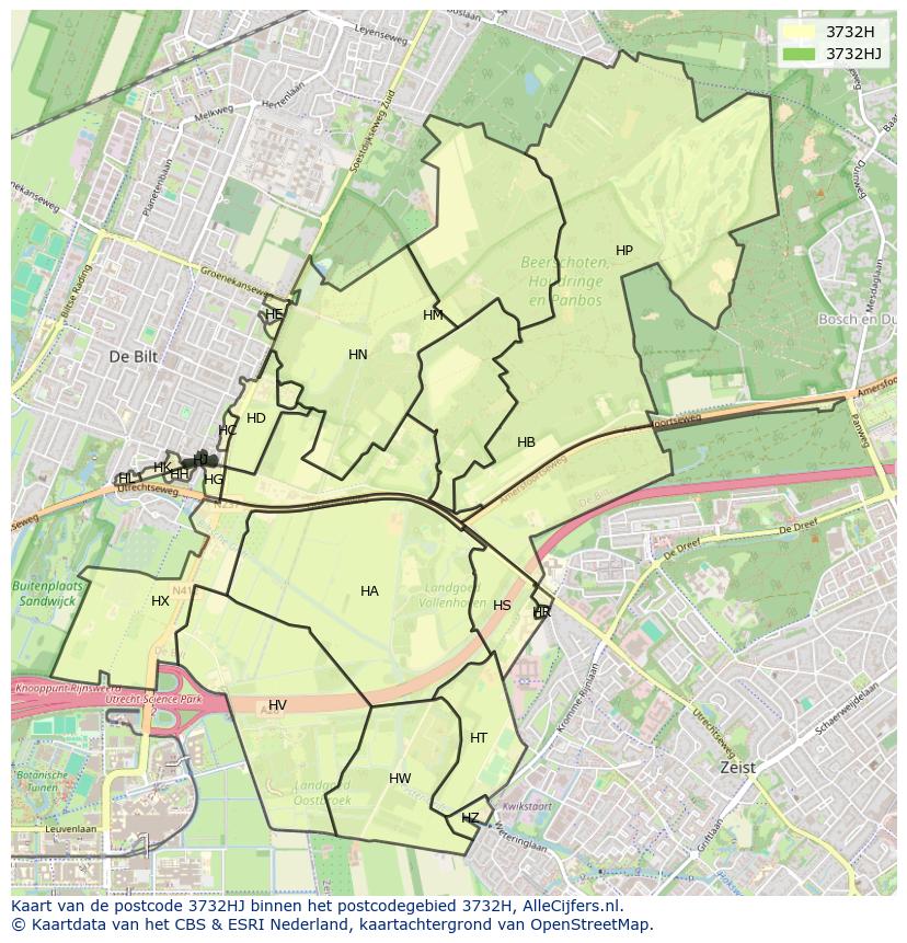 Afbeelding van het postcodegebied 3732 HJ op de kaart.