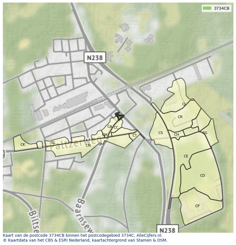 Afbeelding van het postcodegebied 3734 CB op de kaart.
