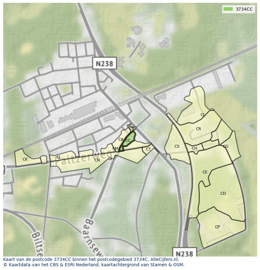 Afbeelding van het postcodegebied 3734 CC op de kaart.