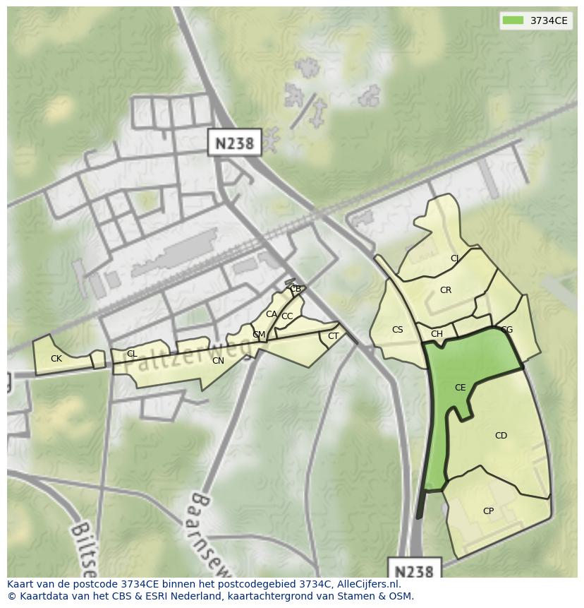 Afbeelding van het postcodegebied 3734 CE op de kaart.