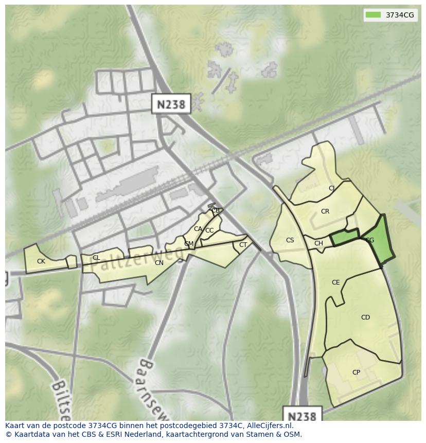 Afbeelding van het postcodegebied 3734 CG op de kaart.