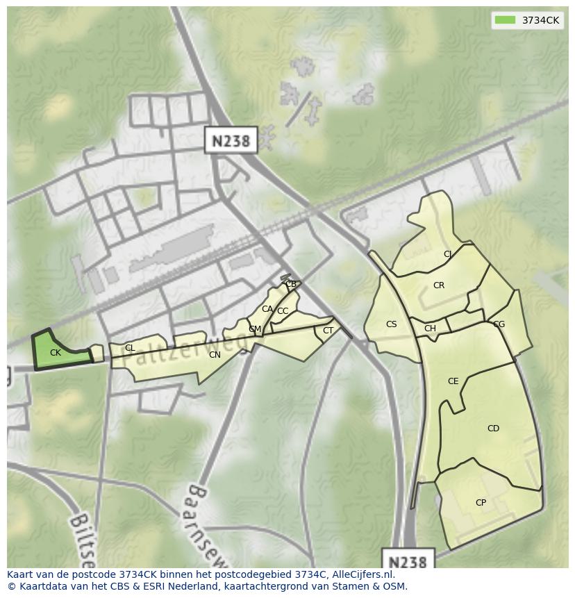 Afbeelding van het postcodegebied 3734 CK op de kaart.