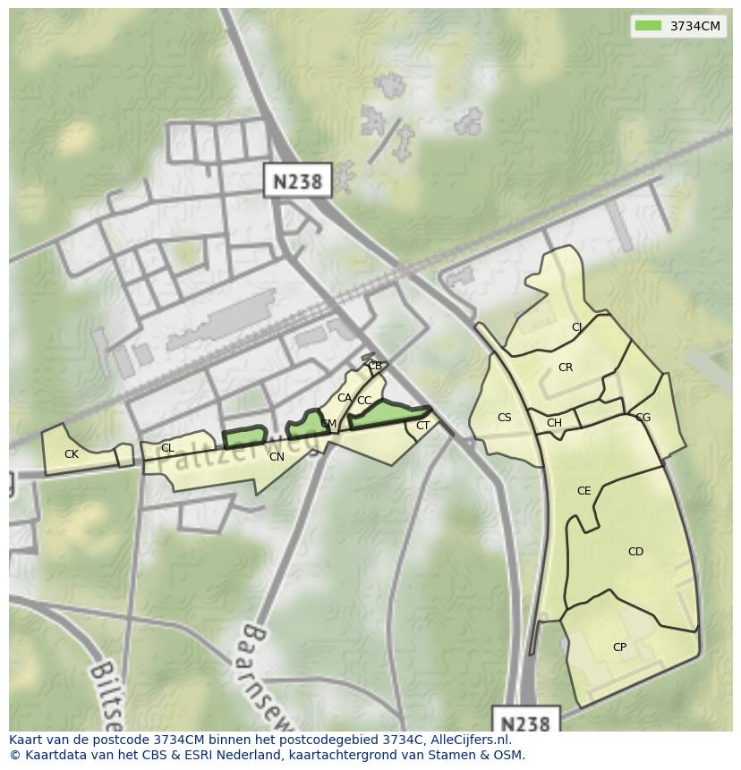 Afbeelding van het postcodegebied 3734 CM op de kaart.